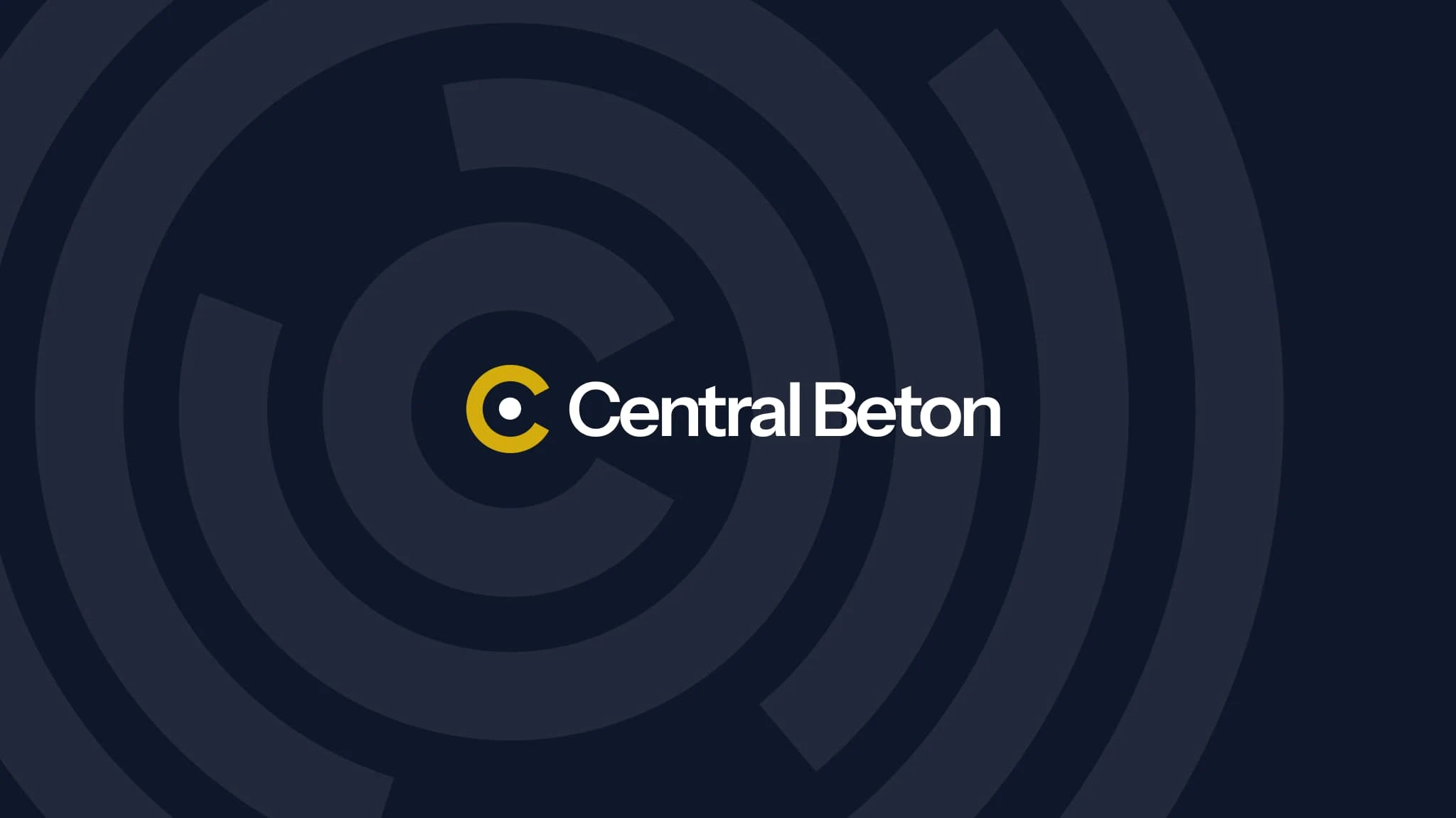 Central Beton arculati design: sötétkék háttéren fehér "Central Beton" felirat és sárga kör alakú logó, absztrakt koncentrikus körös grafikával.