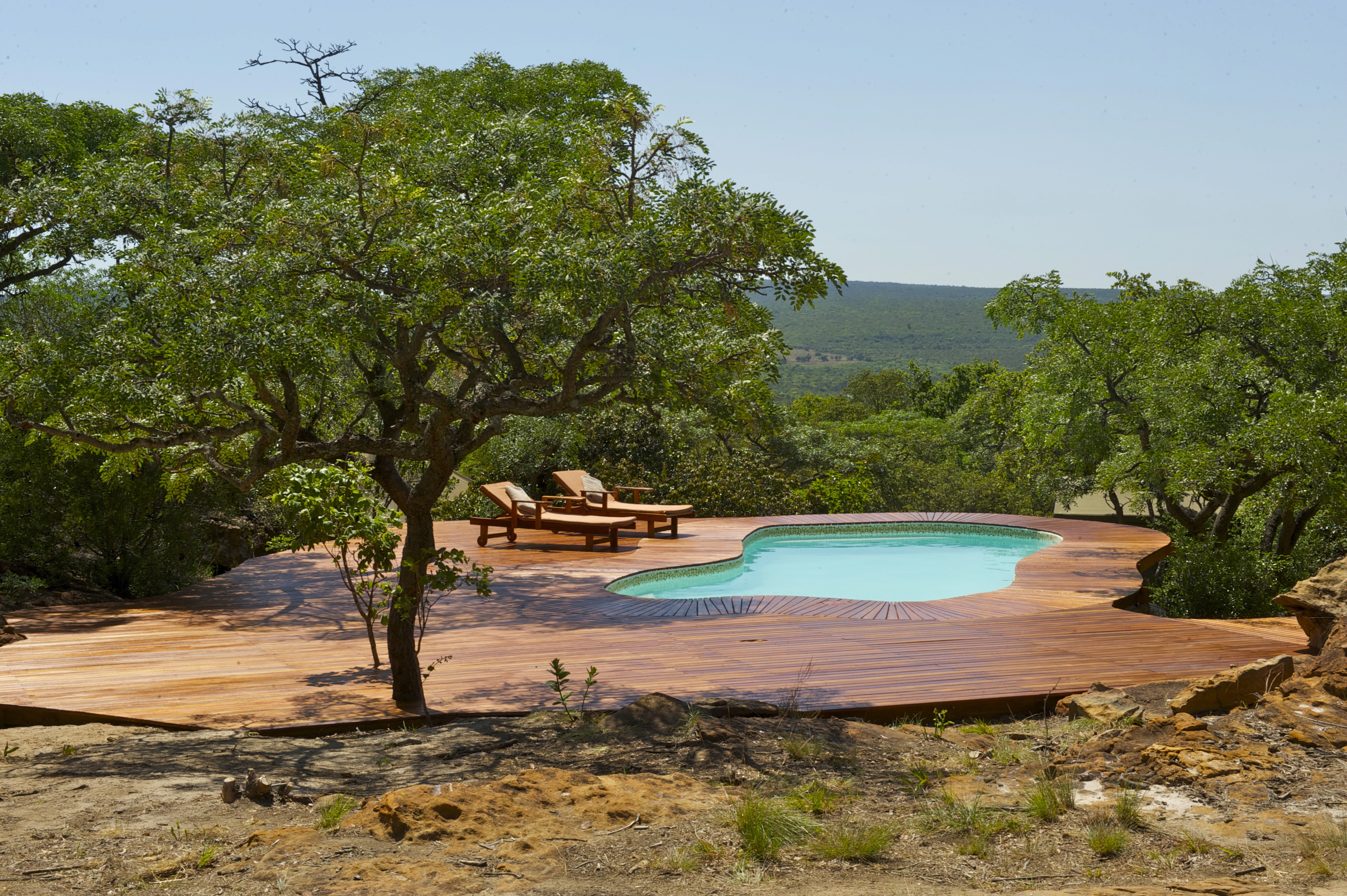 Pooldäck med vacker grönskande utsikt vid Camp Davidson, ridsafari i Waterberg Sydafrika
