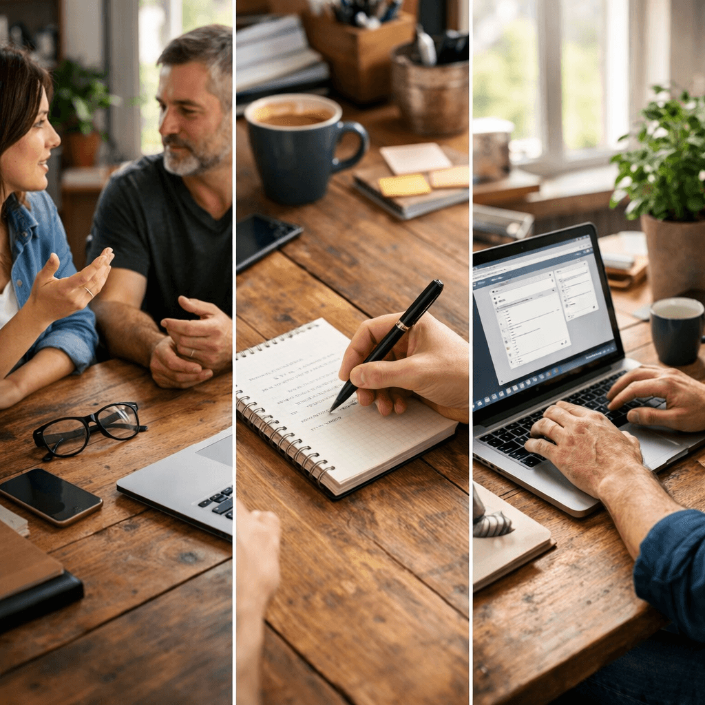 méthode de travail montrant échange, prise de notes et mise en place d’outils numériques dans une petite entreprise
