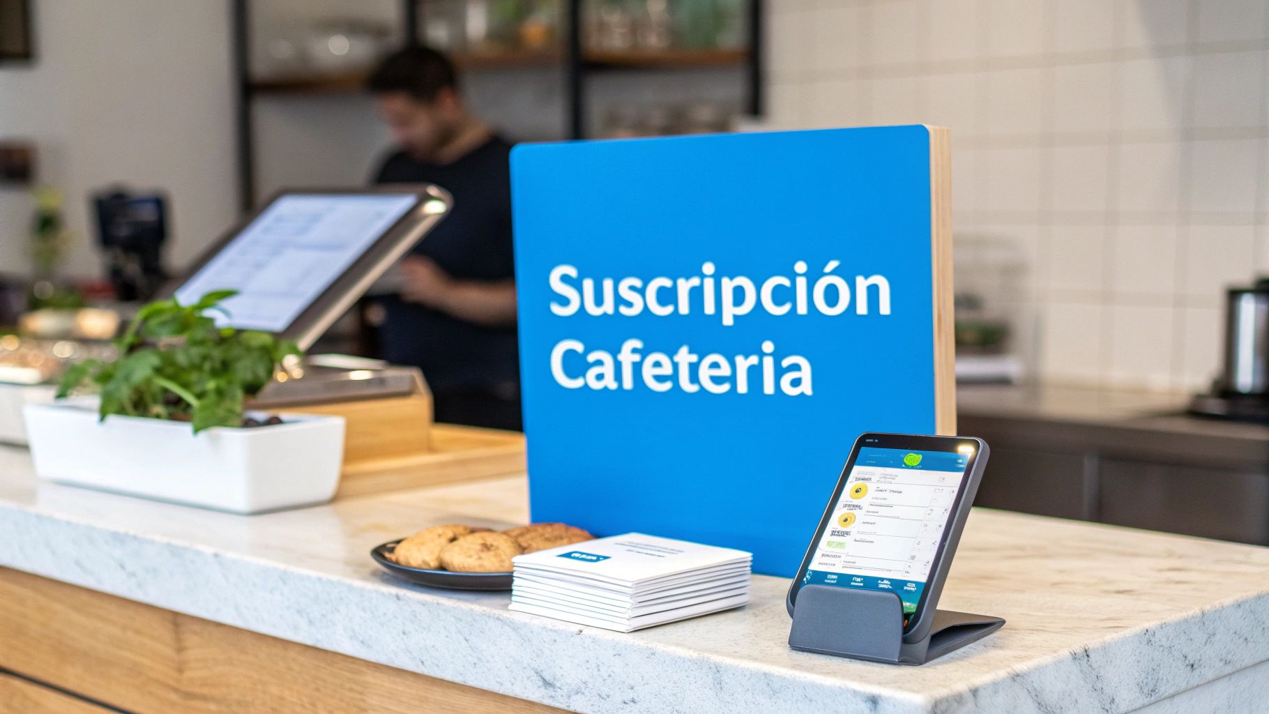 Mostrador de cafetería con cartel