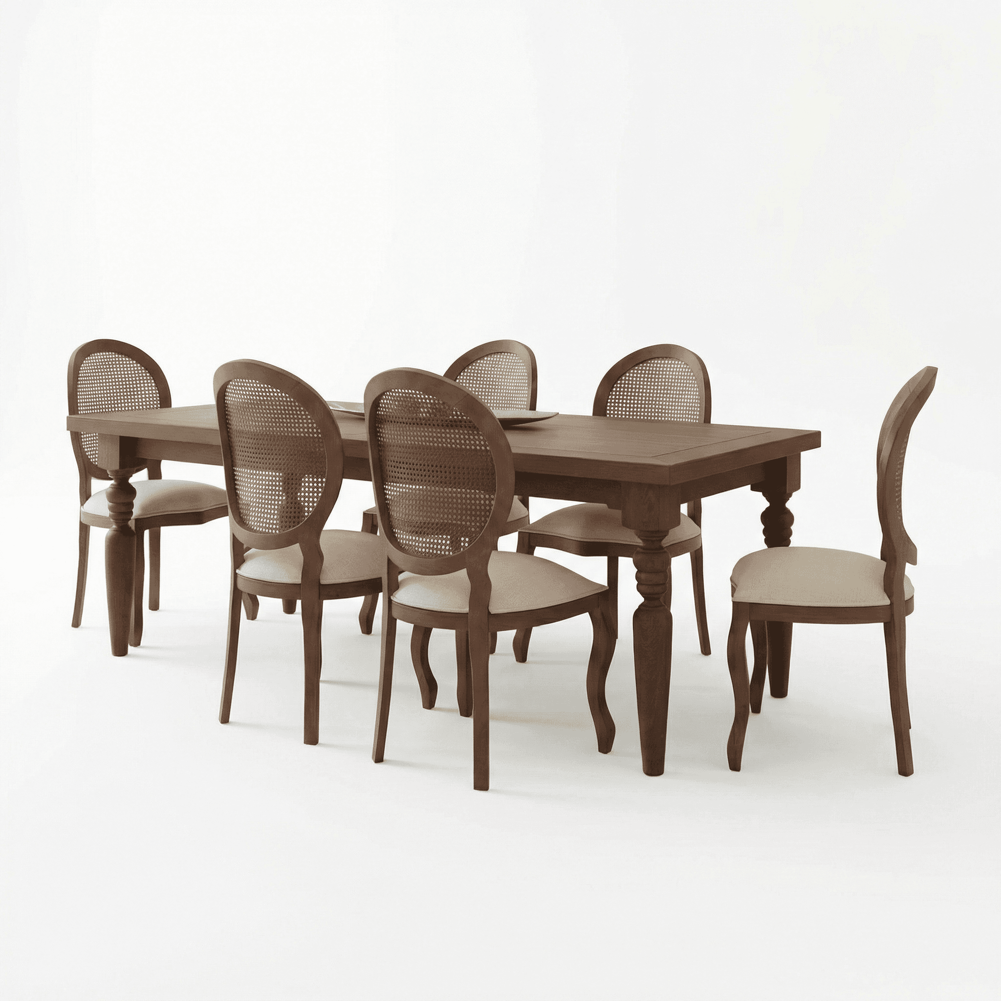 Classic wooden dining table with rounded edges, paired with cane‑back chairs for an inviting dining setup