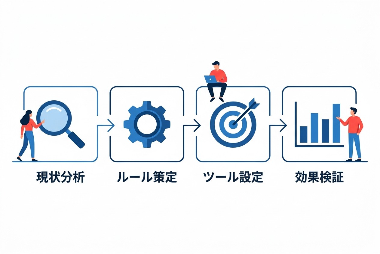 UTMパラメータ体系構築の4ステップ。現状のUnassigned発生状況を分析→命名規則とガバナンス体制を策定→自動化ツールで設定→効果測定と改善のサイクルで、平均6週間でUnassignedを90%削減できる。
