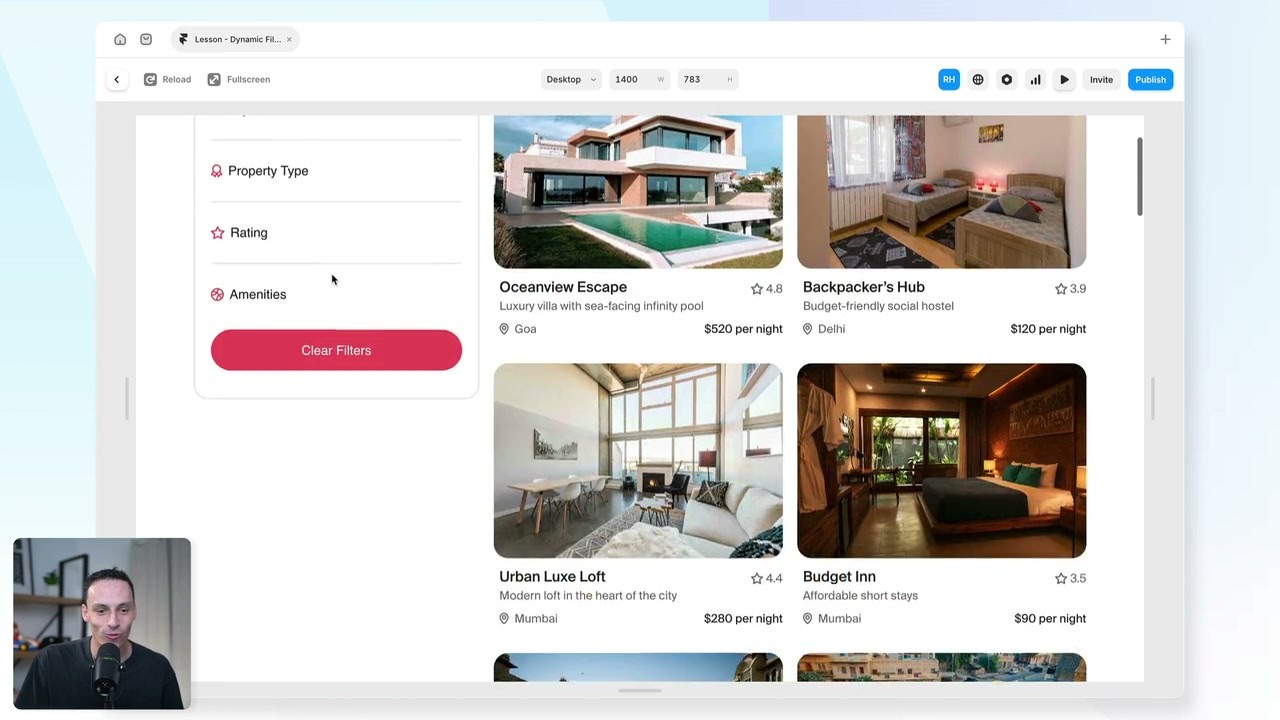 A live site with property type, rating and amenity filters (Dynamic Filters, 0:30)