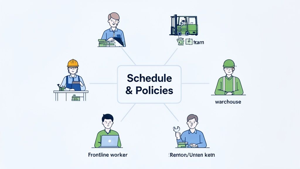 Diagram showing various workers, including warehouse, frontline, and desk roles, connected to a central schedule and policies.