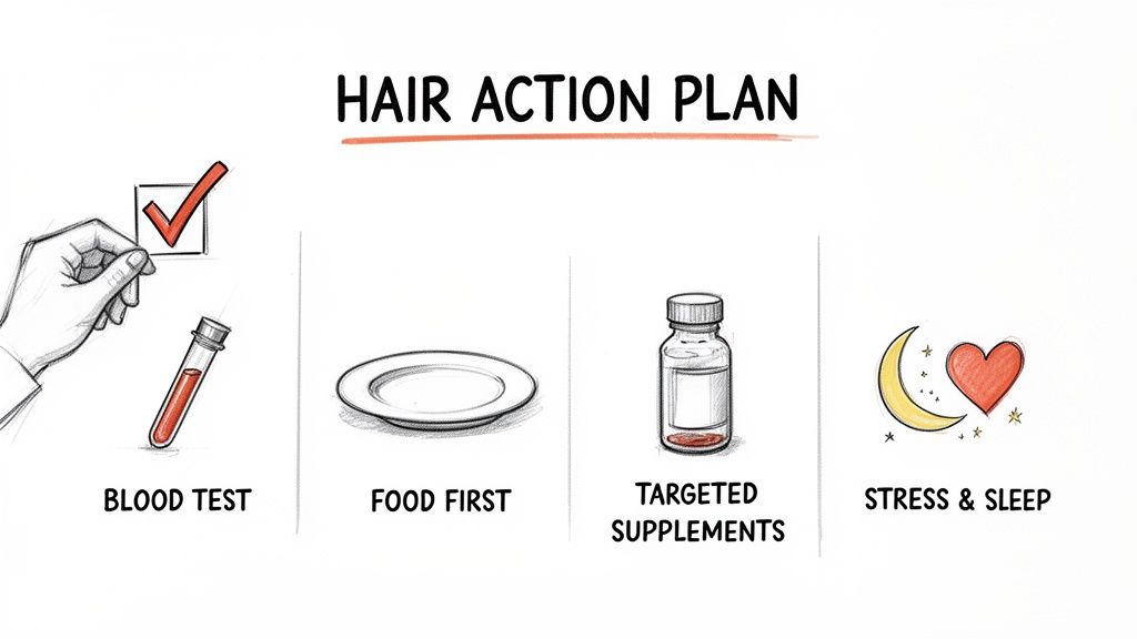 An illustrated hair action plan outlining four key steps: blood test, food first, targeted supplements, and stress & sleep.