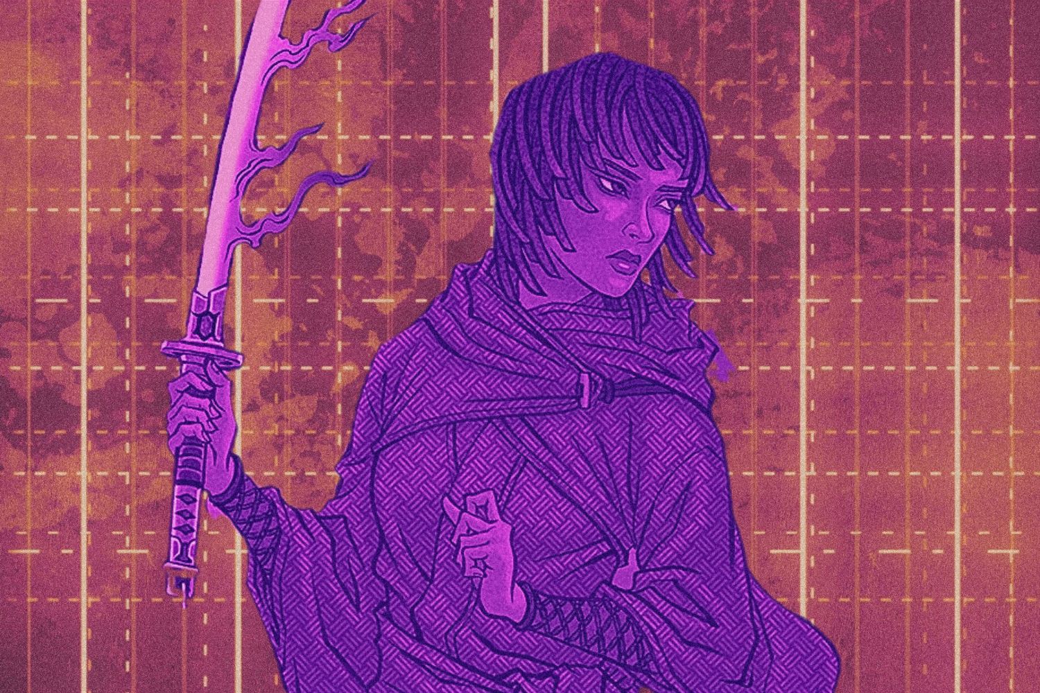 Osha Aniseya's Star Wars Celebration Badge art with a purple tint over a red geometric background