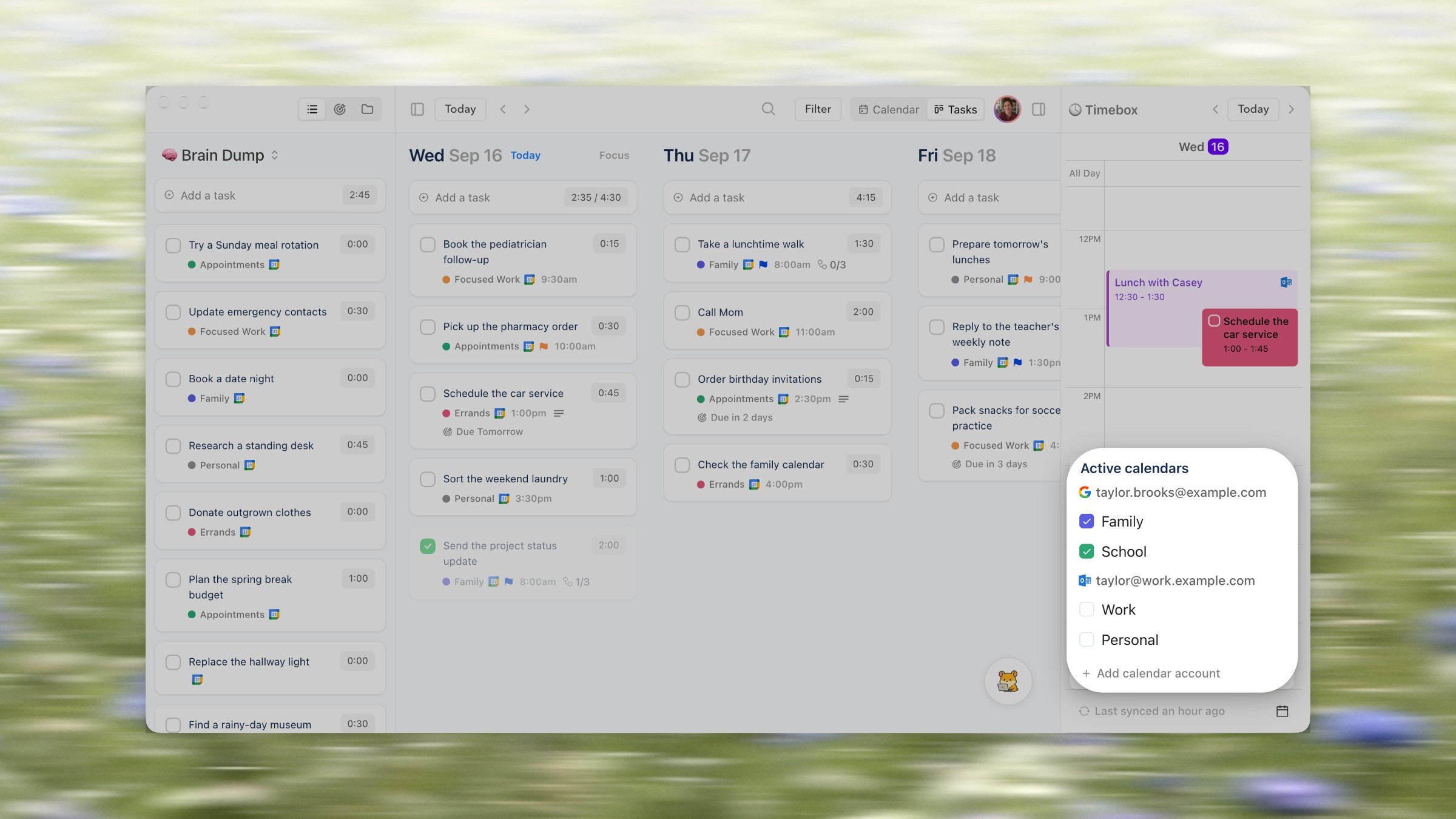 Ellie for Mac with demo tasks and a Timebox calendar, shown in a window over a blurred meadow, with the Active calendars popover lifted forward so it stands out from the rest of the window