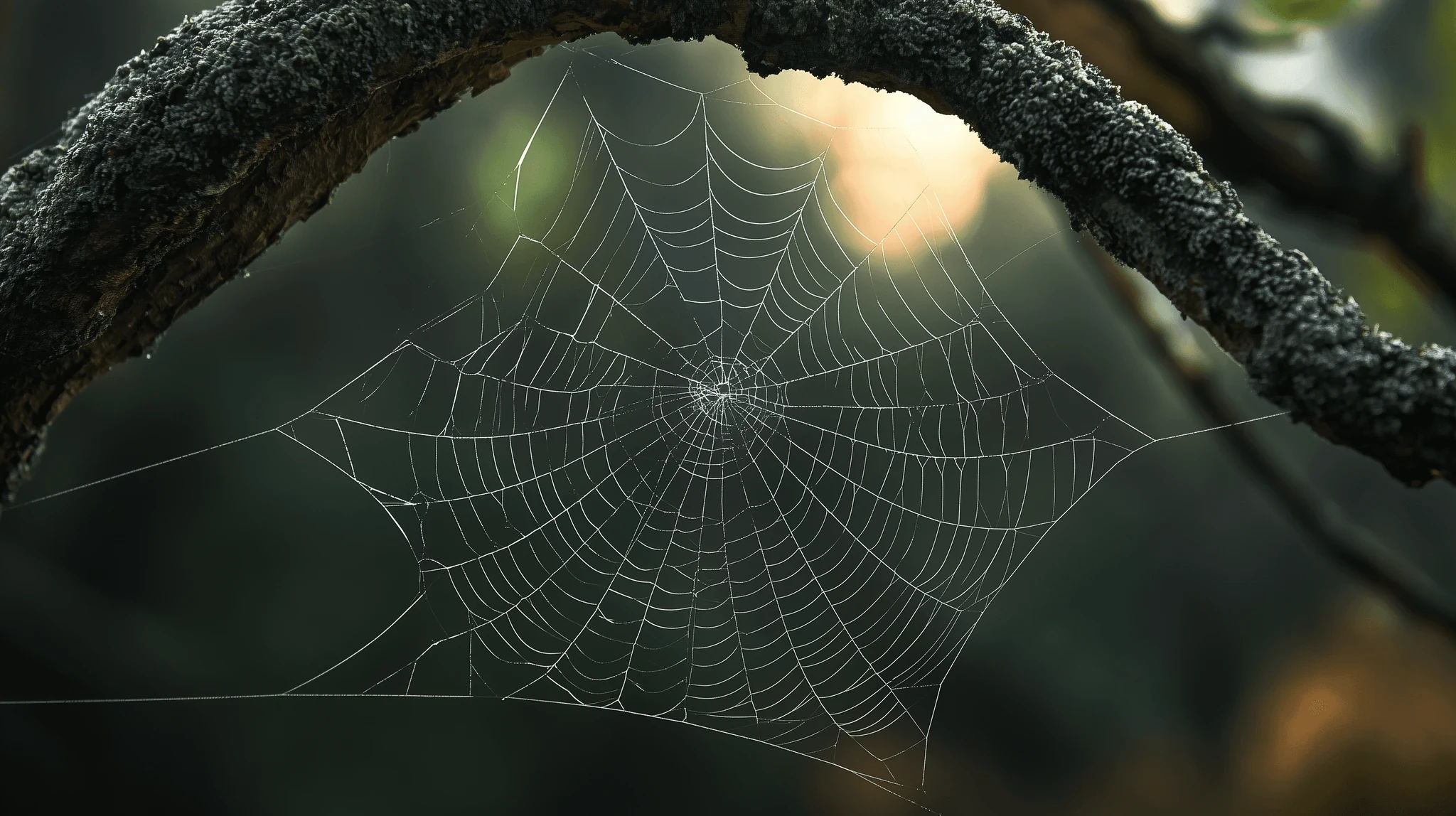A spider web strung across a mossy branch, every thread running back to one centre.