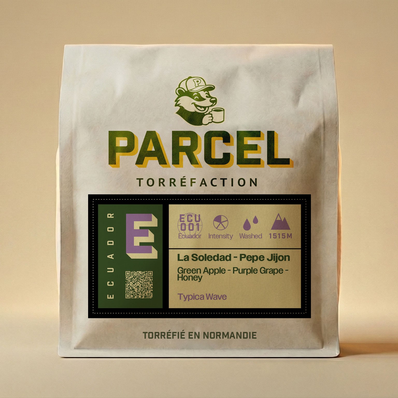 Parcel Torréfaction Ecuador La Soledad Pepe Jijon coffee packaging featuring green apple, purple grape, and honey notes, made from Typica Wave varietal, displayed clearly in readable contrast for screen-reader accessibility.