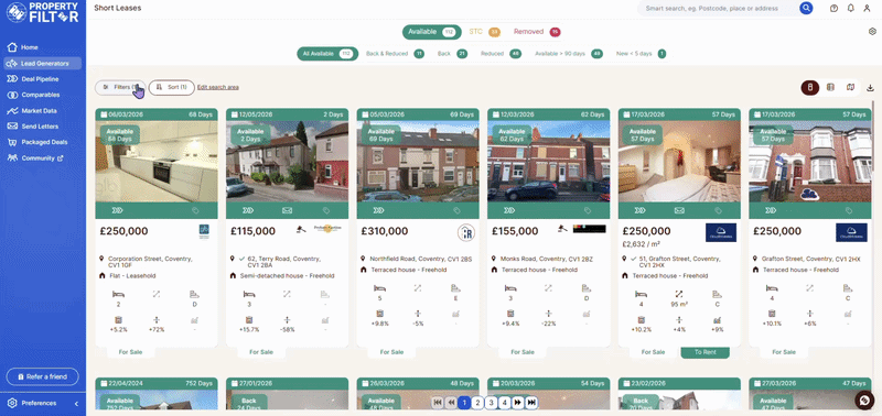 Property Filter floor plan filter showing sq meterage search field - used by Roshan Hirani to filter for 6-bed HMO-eligible properties before Rightmove even shows them
