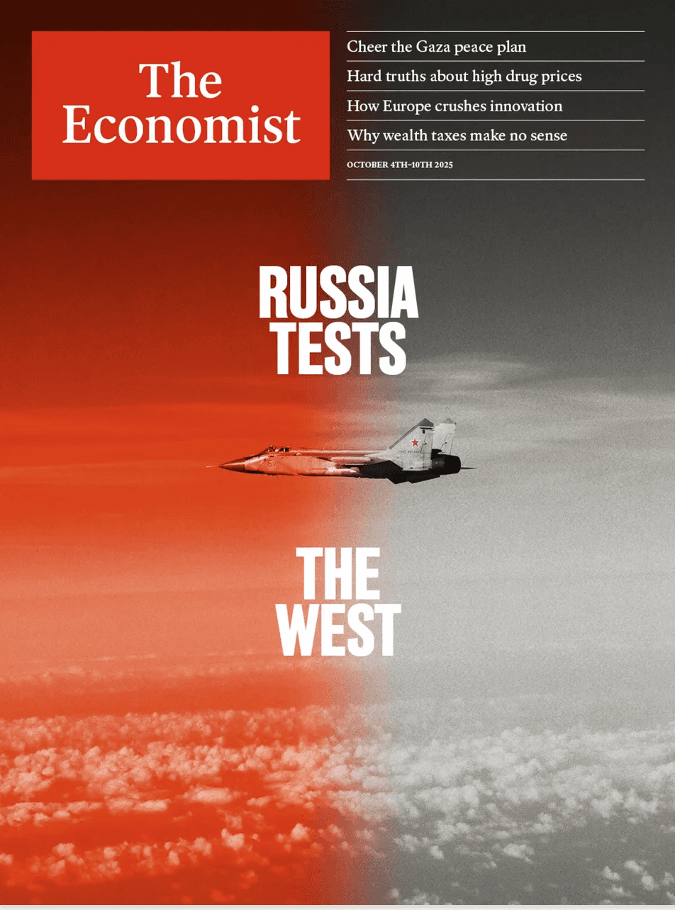 The Economist cover, 4 to 10 October 2025: Russia tests the West