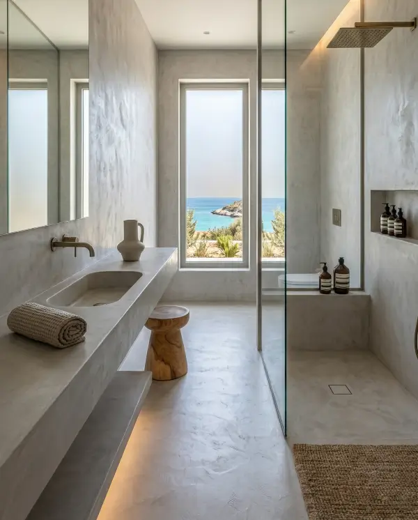 Πατητή τσιμεντοκονία σε μπάνιο με walk-in shower