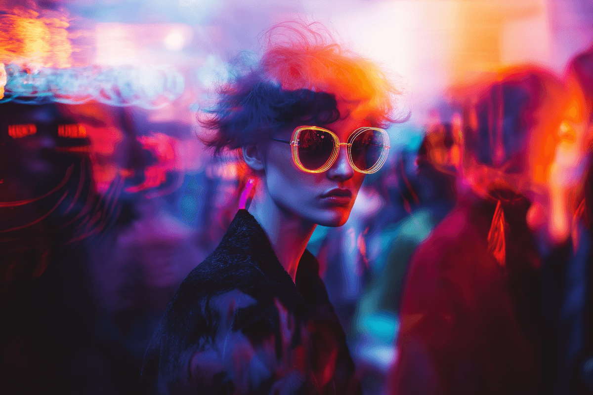 A woman wearing sunglasses smiles as she stands before a bustling crowd, capturing the vibrant energy of the event.