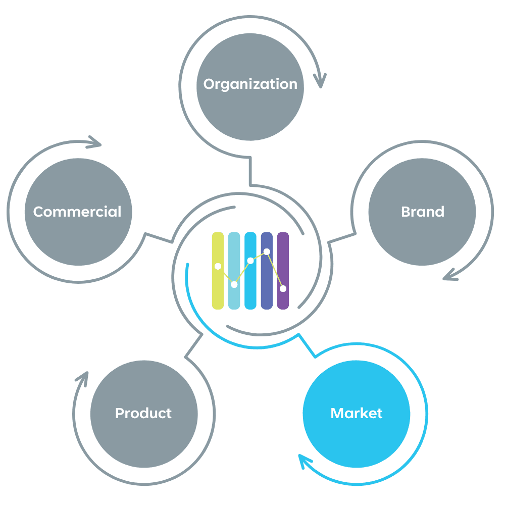 Five circles around central image with one circle highlighted.