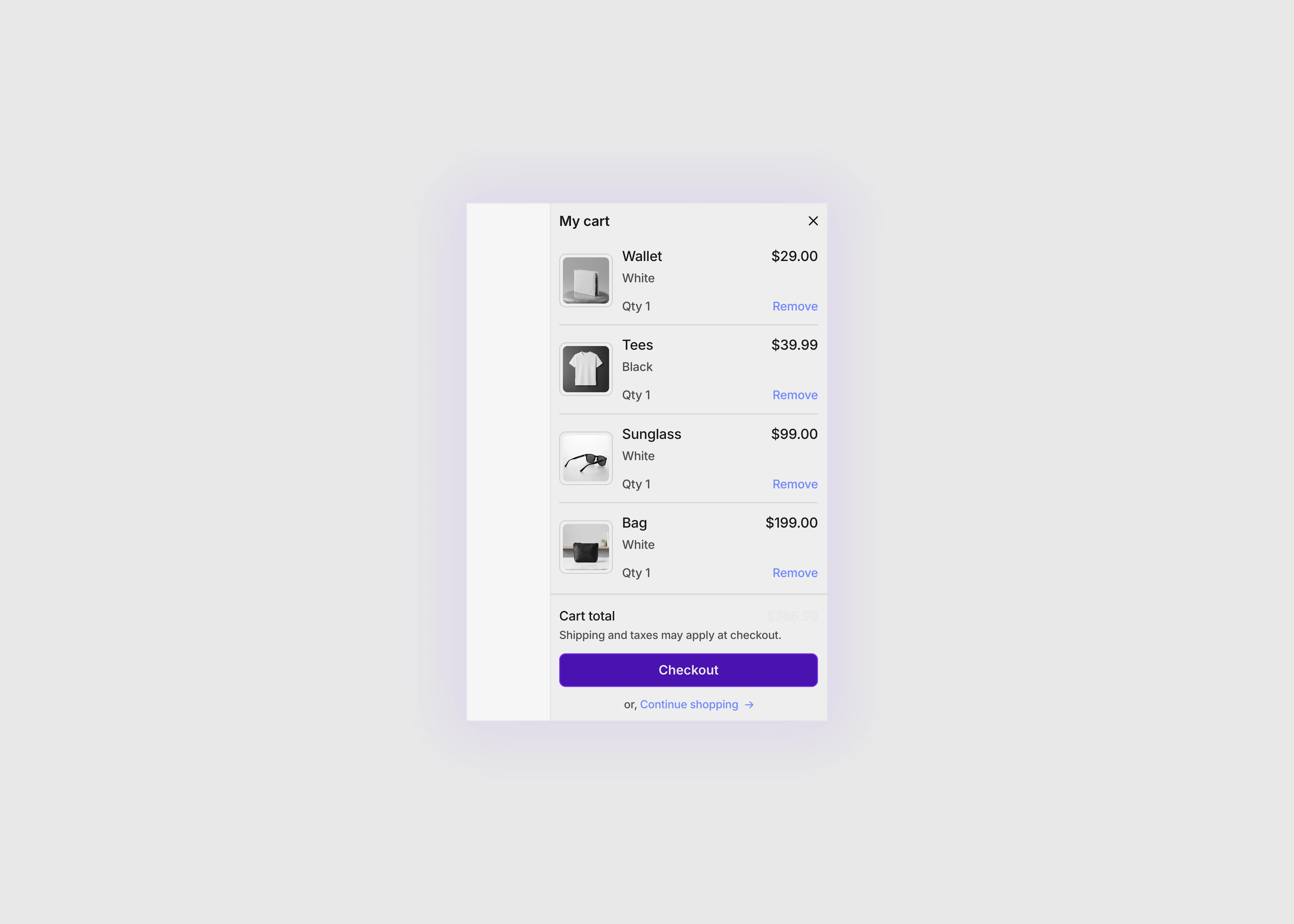 A light themed shopping cart UI for mobile devices.
