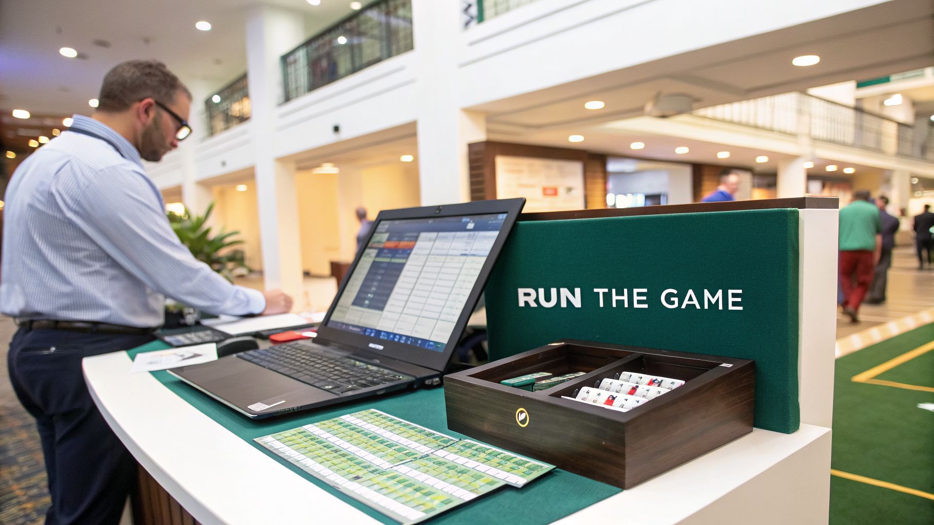 A man in a striped shirt stands at an event desk, working on a laptop with a spreadsheet visible. A 'RUN THE GAME' sign and game pieces are also on the desk.