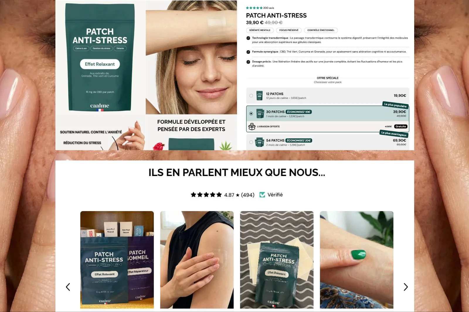 Fiche produit desktop du patch anti-stress Caalme avec sélecteur de pack, avis clients et preuve sociale