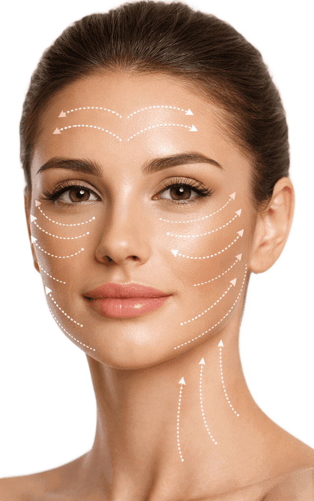 Woman with looking at camera receiving facial aesthetic assessment with lifting guideline markings on her face.