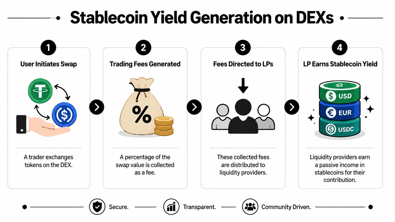A four-step infographic explaining how liquidity providers earn stablecoin yield through trading fees on decentralized exchanges.