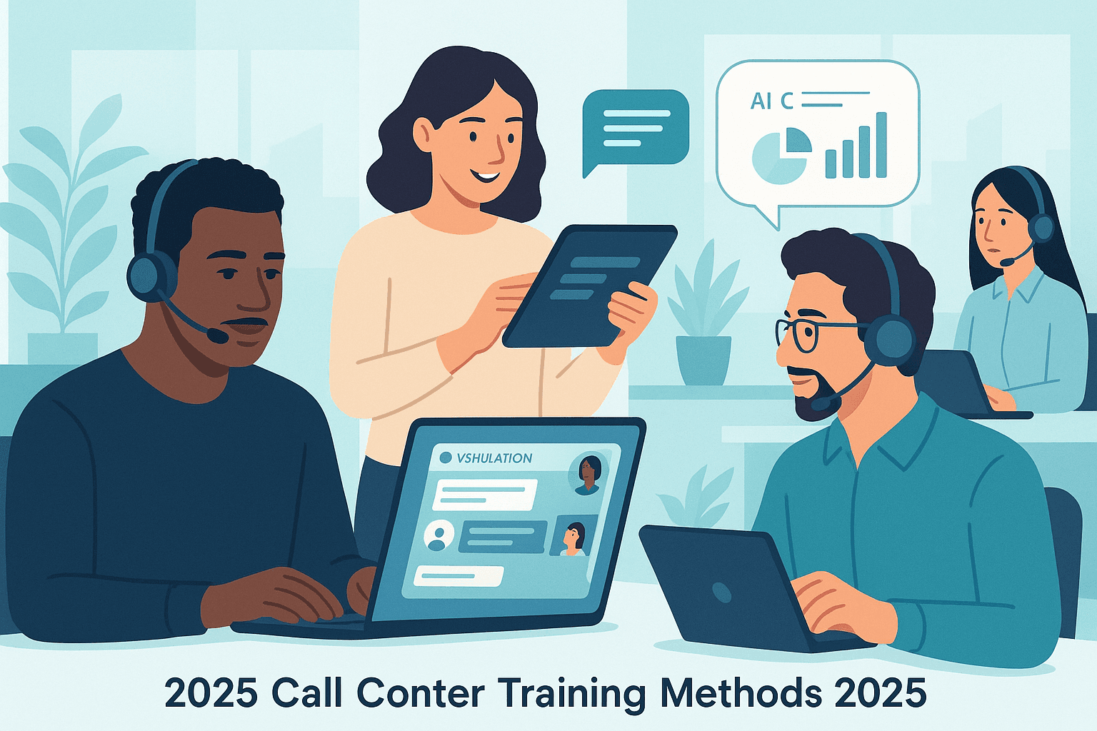 Diverse call center agents using AI-powered simulations and microlearning for modern training in a hybrid workspace.