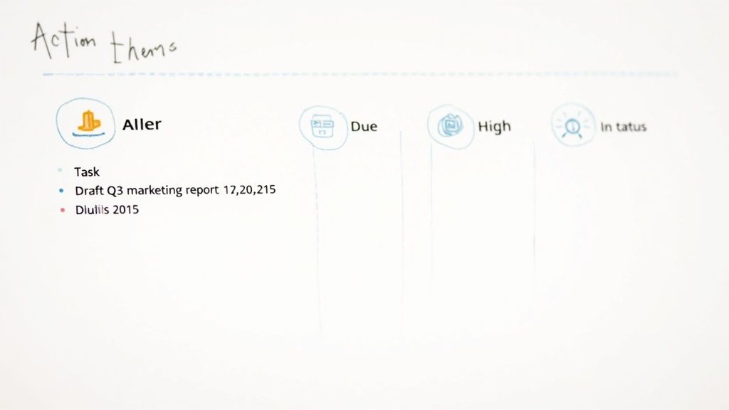 Whiteboard displaying action themes with categorized tasks and a marketing report.