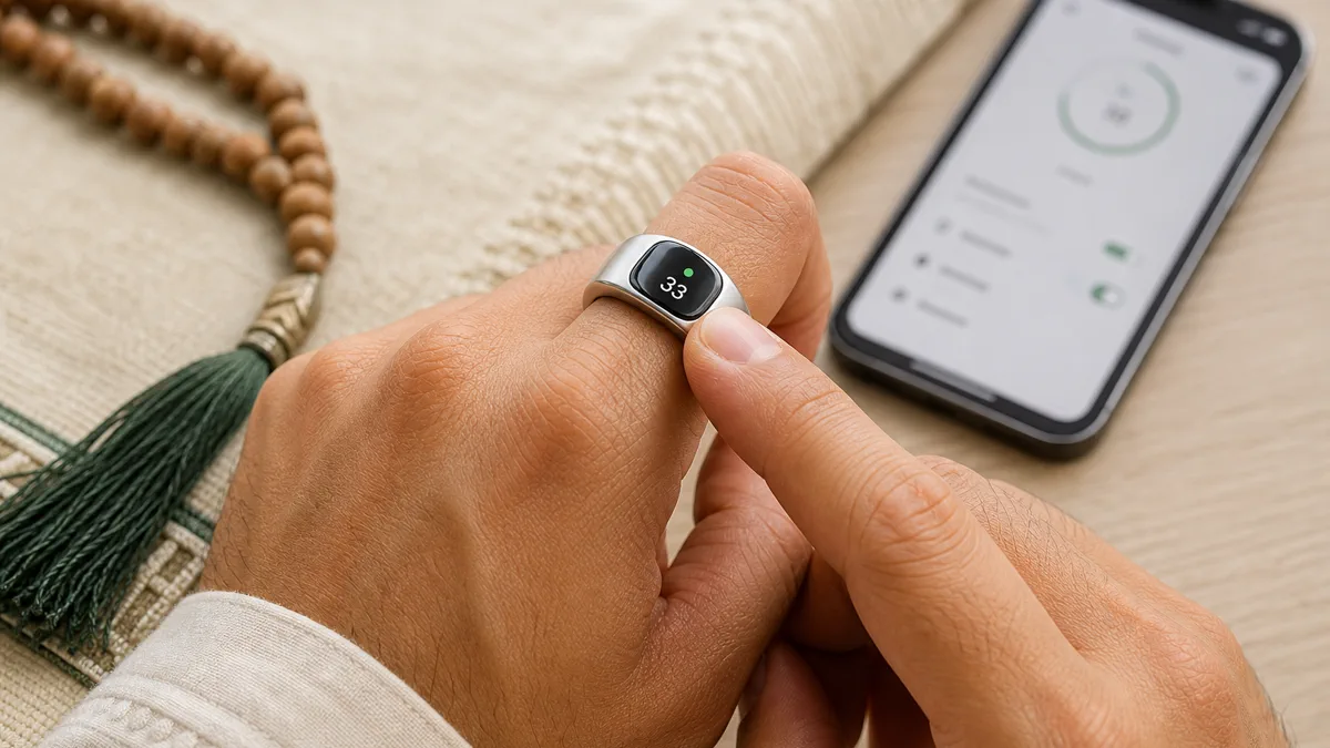 A zikr ring counting dhikr with a thumb tap and syncing to an app