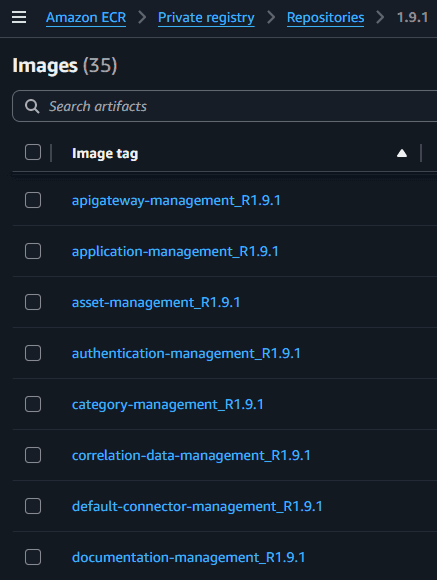 Amazon ECR private registry listing the ApiShare service images