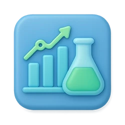 Blue 3D icon of rising bar chart and green lab flask representing Qubi analytics and experimentation tools
