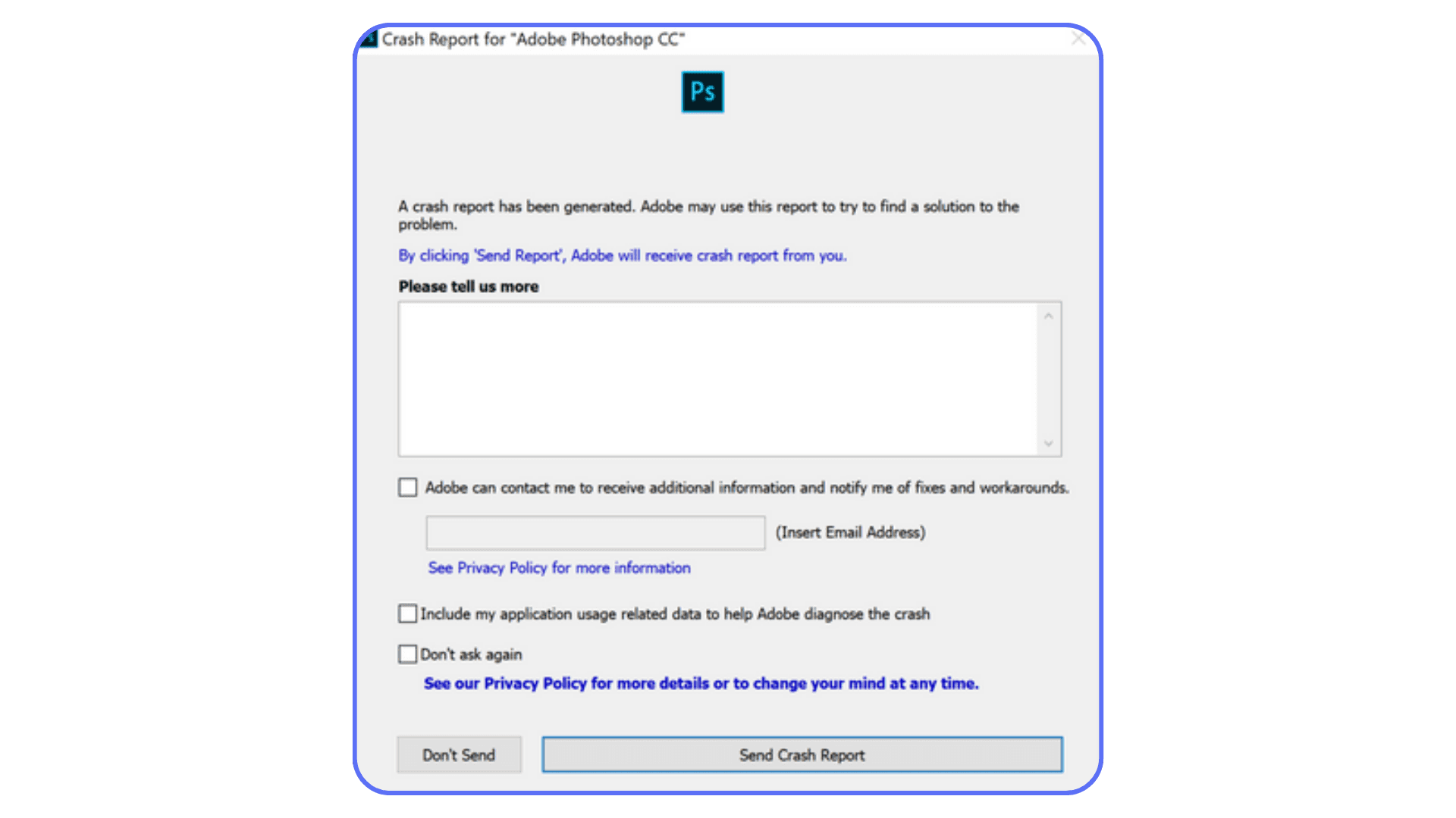 Adobe Photoshop crash report window displayed after the application stops responding