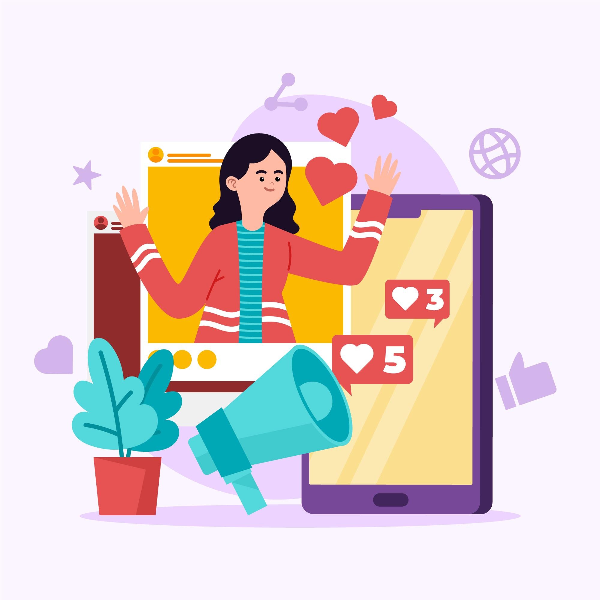 Illustration of an influencer marketing campaign with social media likes and megaphone