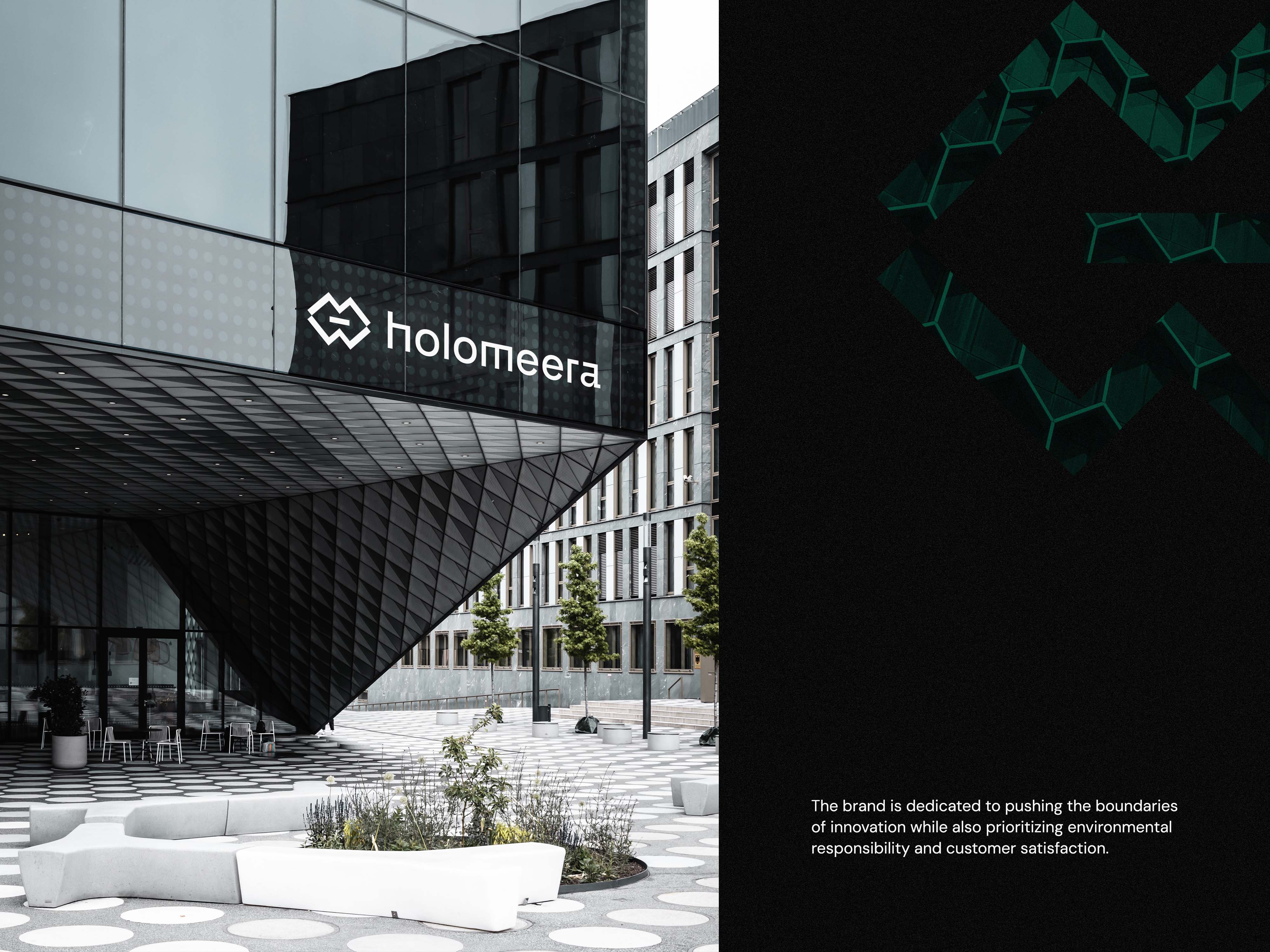 Logo signage on a modern glass office building facade with innovation-focused brand message - Holomeera, a smart home brand identity.