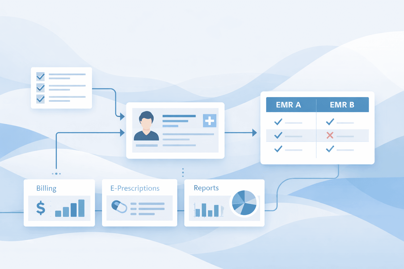 Illustration of a workflow comparing electronic medical record (EMR) systems for family physicians, with panels for patient records, billing, e-prescriptions, reporting, and an EMR comparison grid.