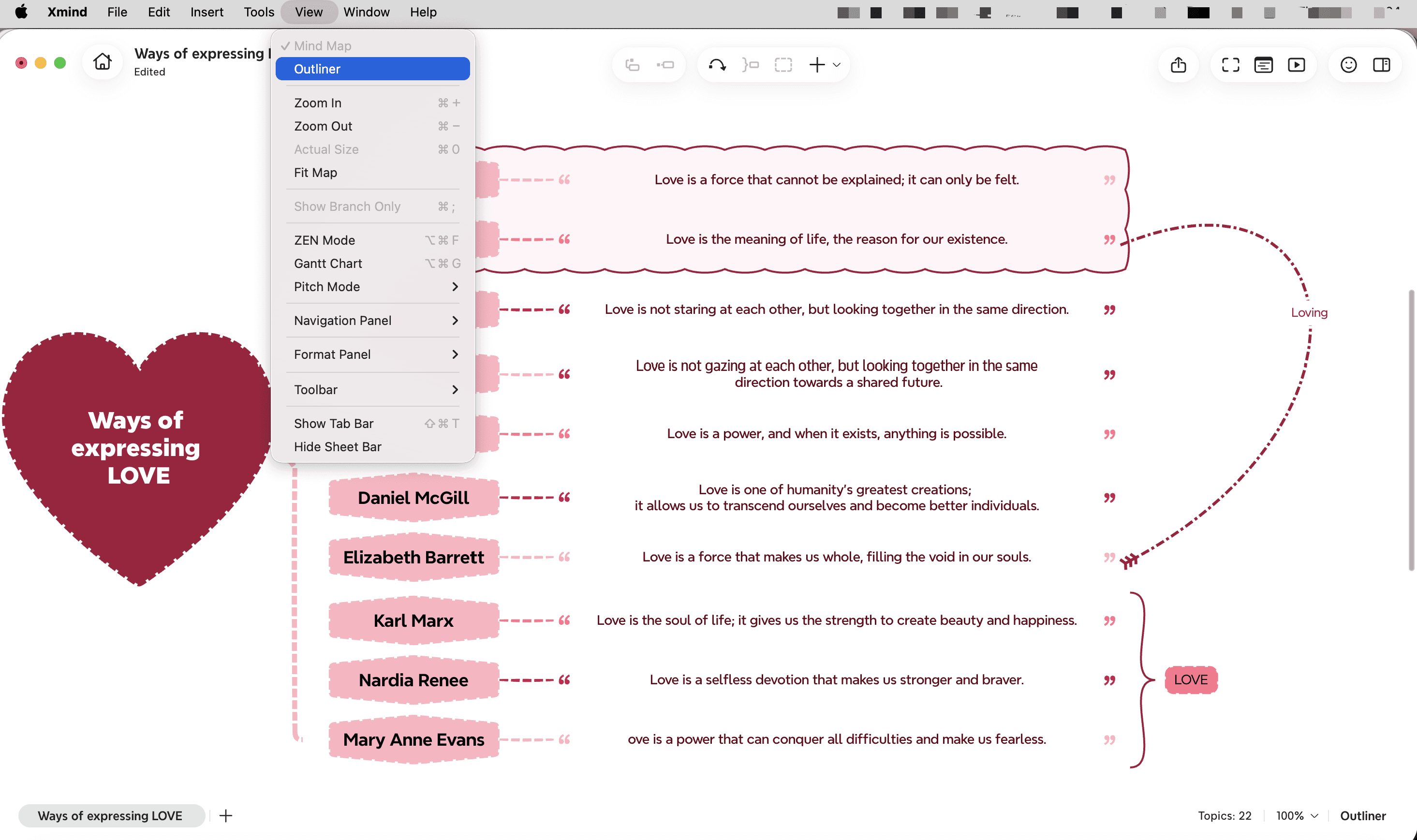 Screenshot of Xmind user interface displaying a mind map with topics branching out from a central