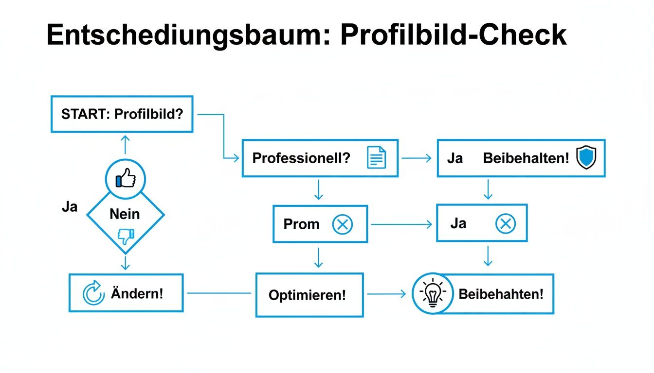Entscheidungsbaum zur Überprüfung und Verbesserung eines Profilbilds mit Schritten für Professionalität und Optimierung.