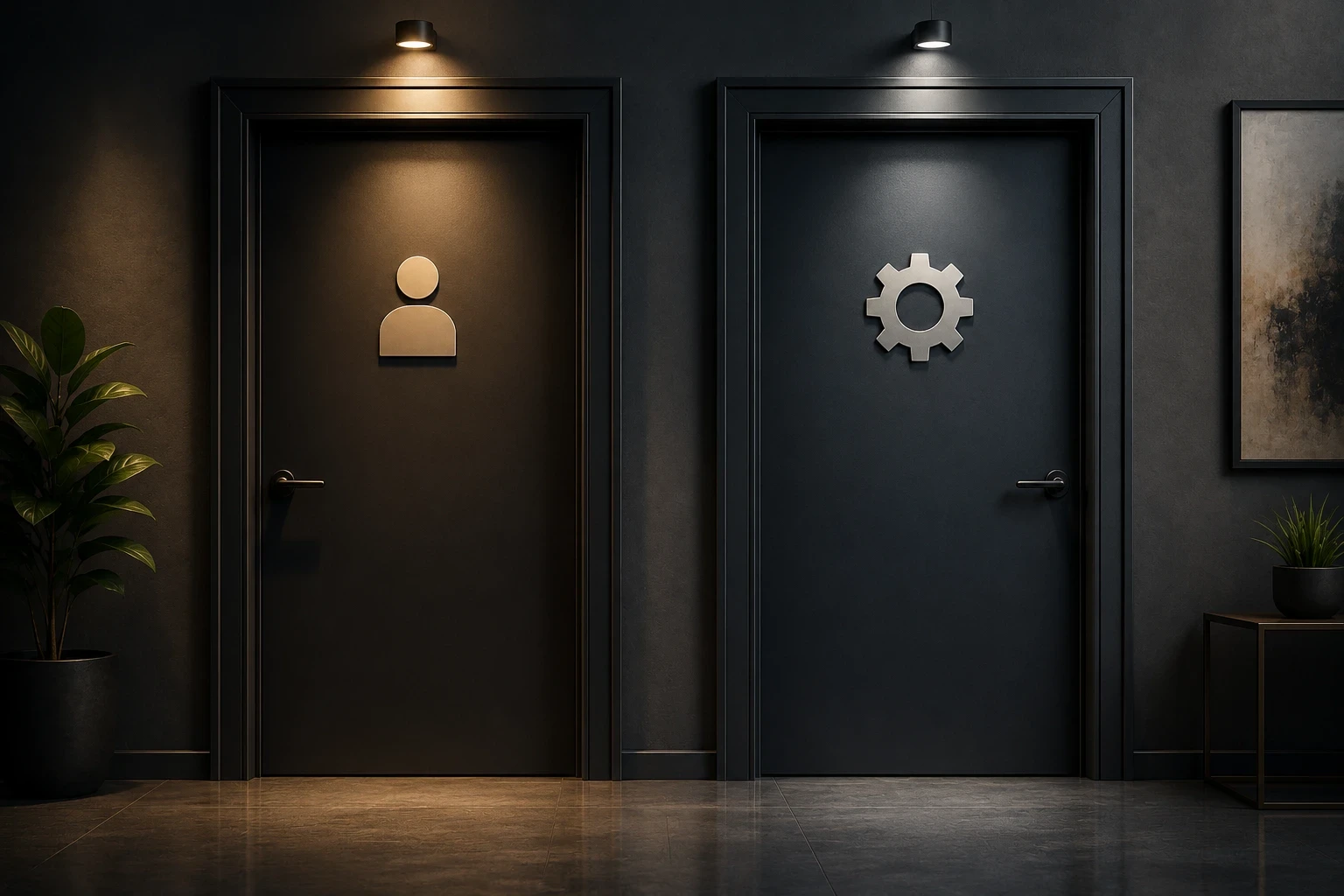 Two doors side by side, one labeled with a person icon and one with a gear icon
