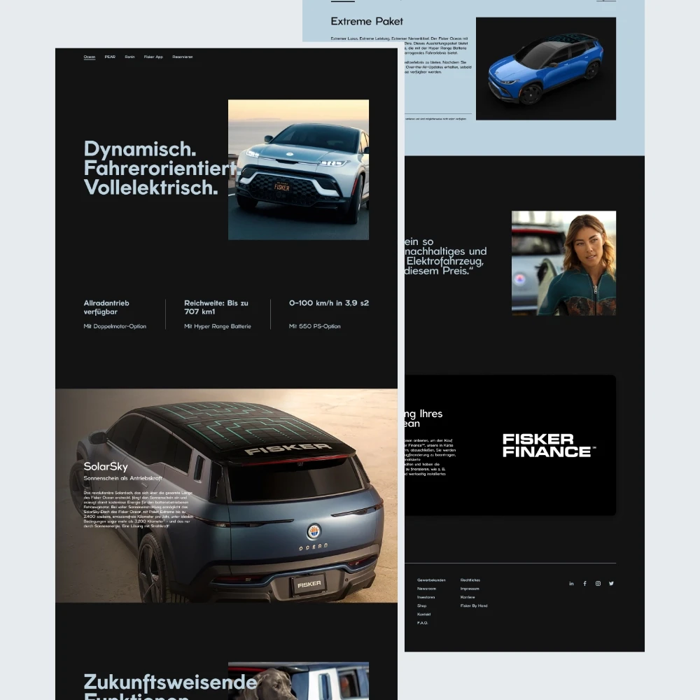 Übersichtliches Full-Page Layout für eine E-Mobility Website mit integriertem SolarSky-Feature und dynamischer Bildsprache.