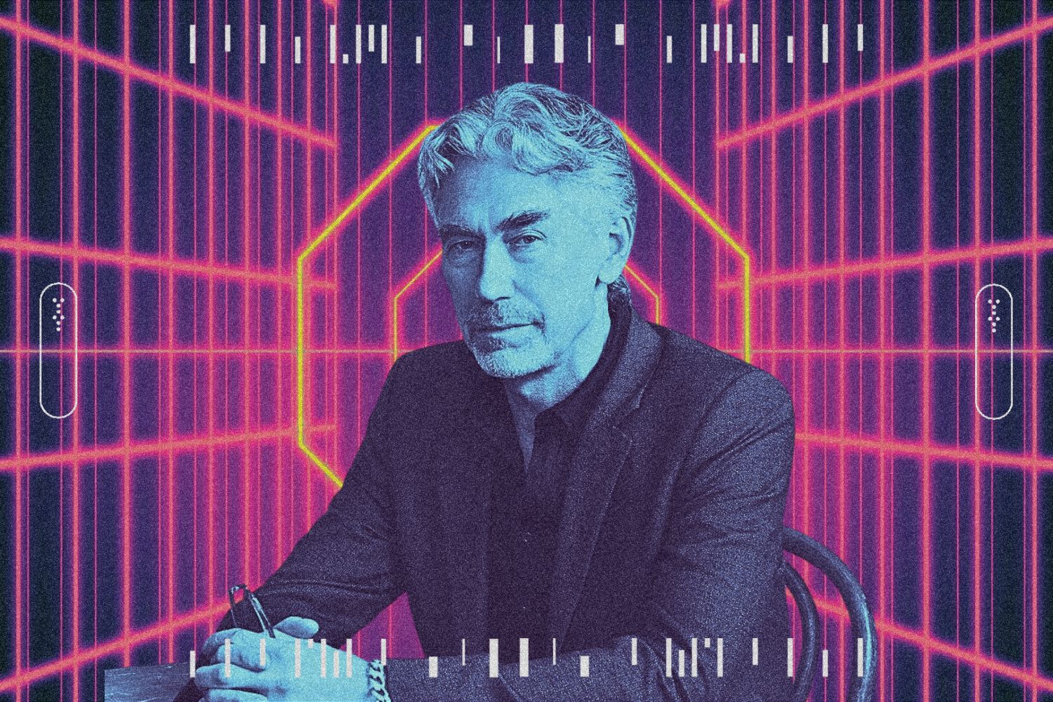 Andor creator Tony Gilroy sitting in a chair holding his glasses. He is covered in a light blue tint in front of a red, purple, and orange geometric background.