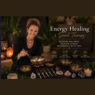 The image shows a woman smiling while using a mallet on Tibetan singing bowls surrounded by candles, crystals, and plants, featuring text promoting energy healing and sound therapy for balance and stress relief.