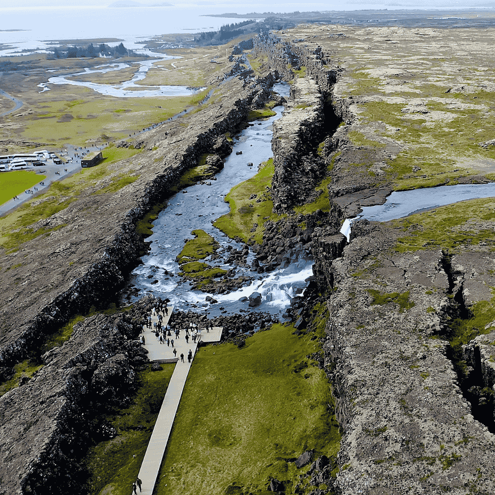 Þingvellir National Park rift valley in Iceland showing separation of tectonic plates with Almannagjá canyon and river