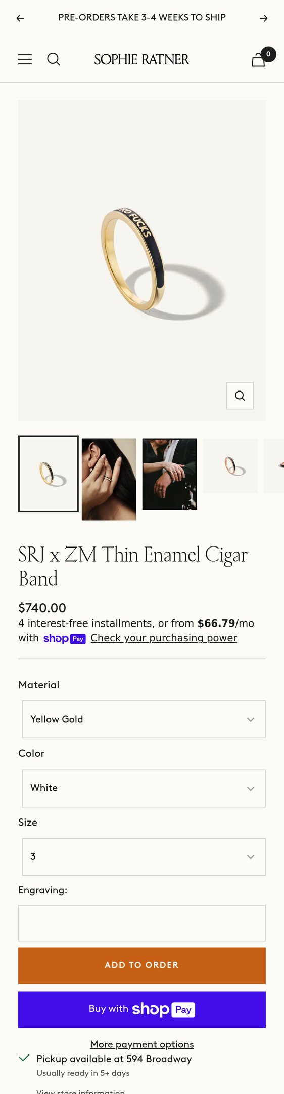 Jewelry product options include: ring, earring for SRJ x ZM Thin Enamel Cigar Band from Sophie Ratner Jewelry.