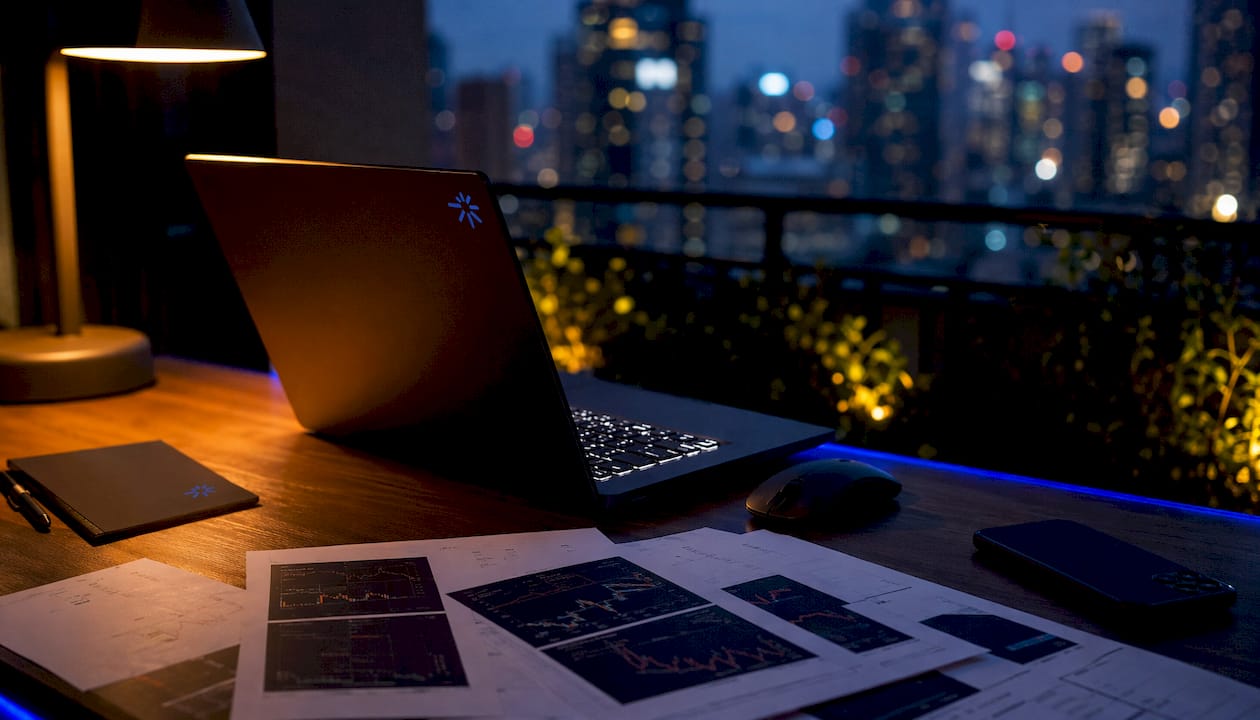 Close-up dark tech laptop and notes with dim light