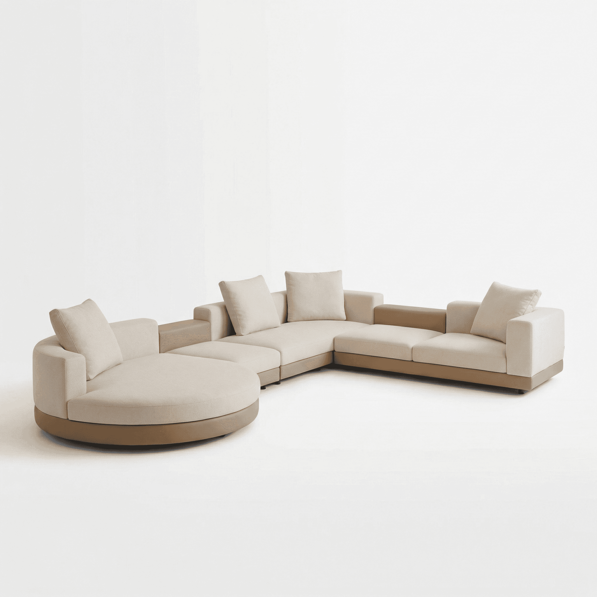 Curved lounge seating arranged in a bright, relaxed living room setting