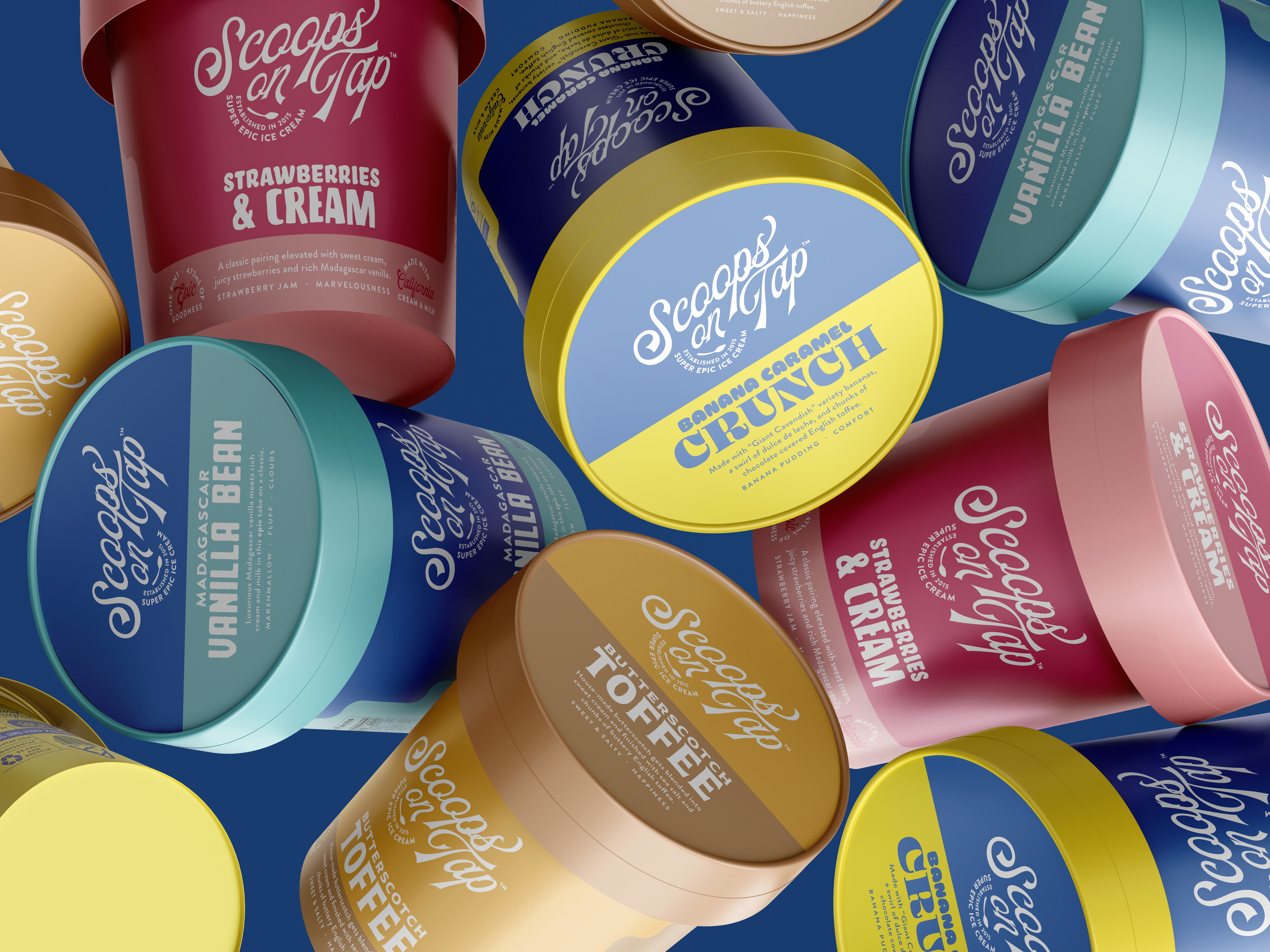 Scoops On Tap assorted ice cream pints in colorful packaging