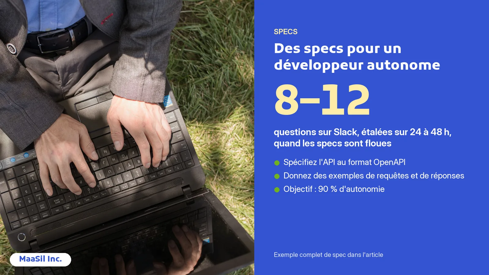Infographie : des specs API floues génèrent 8 à 12 questions sur 24 à 48 h, des specs OpenAPI visent 90 % d'autonomie