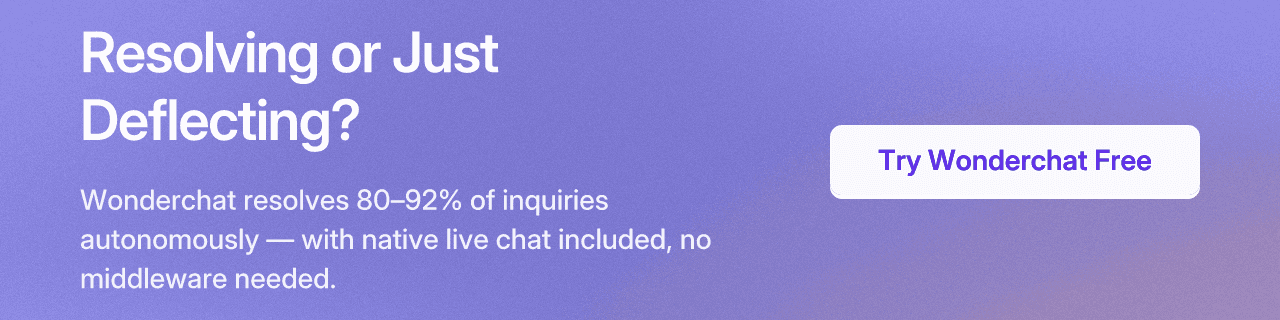 Resolving or Just Deflecting? Wonderchat resolves 80–92% of inquiries autonomously — with native live chat included, no middleware needed. Try Wonderchat Free