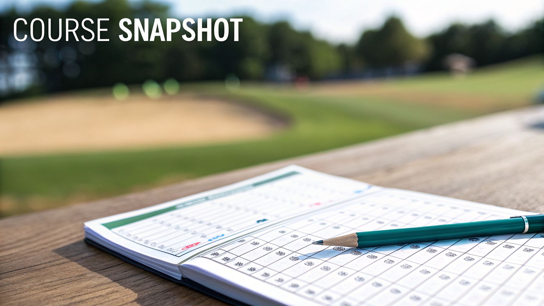 COURSE SNAPSHOT text with a golf scorecard and pencil on a table, golf course background.