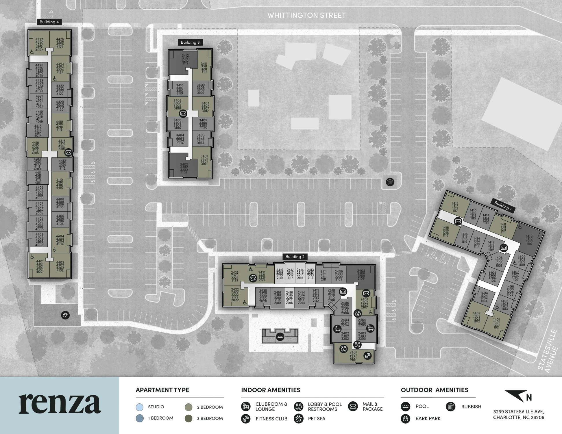 Site map of Renza apartments highlighting the apartments with two bedrooms in each building.