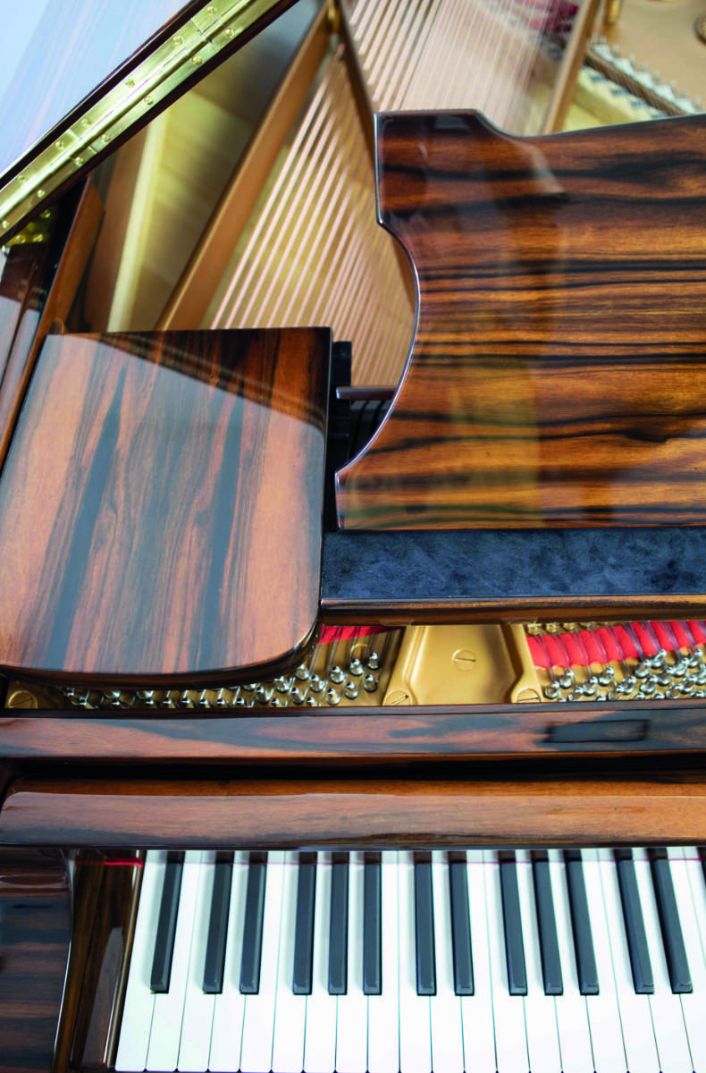  macro shot of the golden frame and strings inside the Steinway & Sons grand piano, showing the immaculate restoration work.