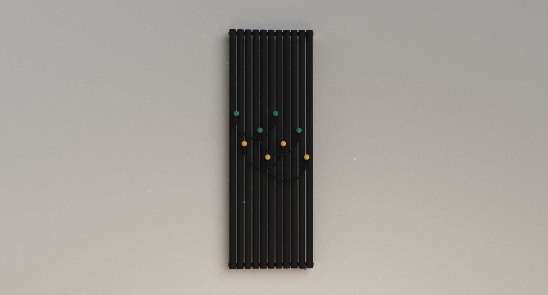 An abstract wall art installation featuring a series of vertical black lines with interspersed green and orange dots connected by thin, curved lines, creating a minimalist and modern aesthetic against a neutral background.