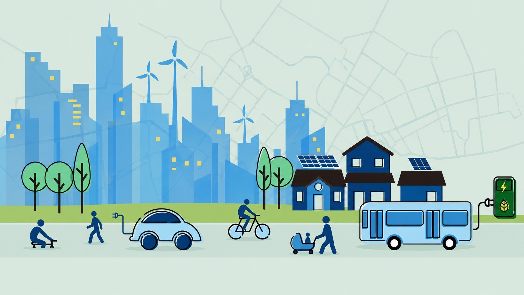 Illustration of a sustainable city transportation system with electric transit, cycling, walking, and renewable energy.